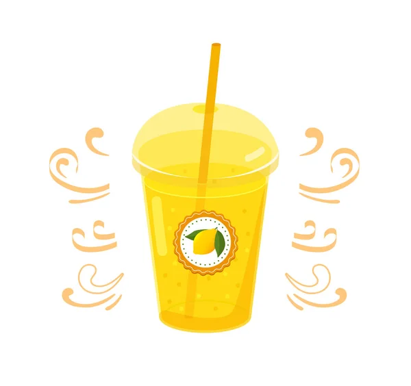 Citronsmoothie i en plastmugg med etikett. Realistiskt plastglas med gul lemonad — Stock vektor