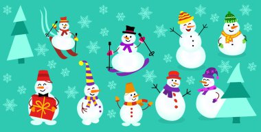 Farklı kardan adam koleksiyonları. Yetenekli bir kardan adam, kayak yapıyor.