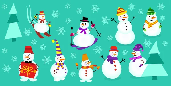 Collections icônes de différents bonhommes de neige. Bonhomme de neige avec un cadeau, sur les skis — Image vectorielle