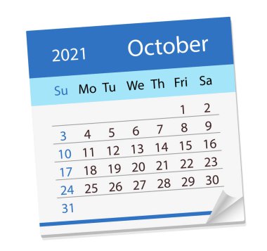 Ekim 2021 'deki takvim çizelgesi. Vektör İllüstrasyonu.