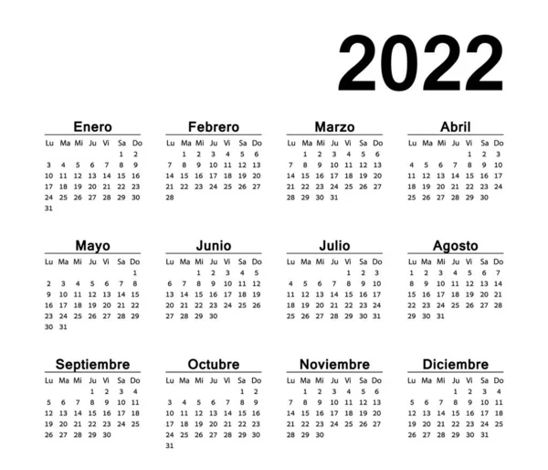 Horizontal simple black wall calendar on 2022 year, into spanish. — Stock Vector