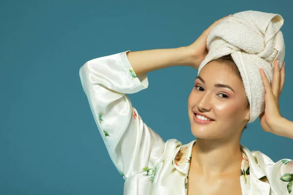 Cheerful Attractive Funny Teen Girl Towel Her Head Blue Background — Stock Photo, Image