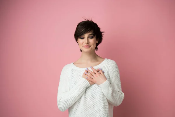 Young Pretty Woman Smiling Hands Chest Grateful Gesture Face Happy — Stock Photo, Image