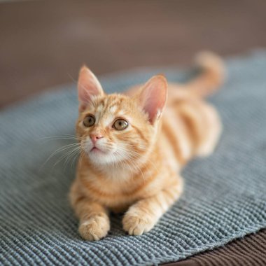 Klasik mermer desenli şirin kırmızı kedi yavrusu kanepede yatıyor. Sevimli küçük hayvan. Sevimli çocuk hayvan.