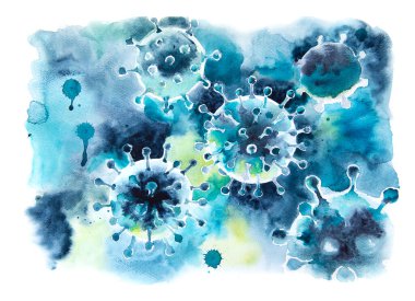 Coronavirus COVID-19, suluboya çizimi. Tehlikeli virüs Covid 19-NCP. Coronavirus 2019-nCoV, el yapımı sanat. Artistik viral hücreleri olan arkaplan. 