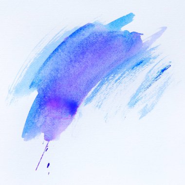 Soyut canlı mavi ve mor suluboya arkaplan, mükemmel kağıt dokusuna sahip tasarım elemanı. Leke, boyanmış nokta ya da vuruş