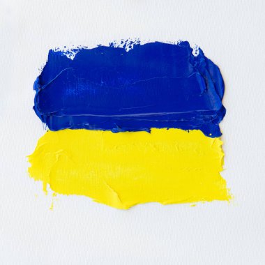 Ukrayna 'nın boyalı bayrağı. Ukrayna renkleri. Soyut parlak sarı mavi arkaplan, tuvaldeki yağ, mükemmel desenli yaratıcı tasarım elementi, yumuşak odaklanma