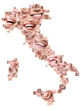 Mutlu İtalya konsepti. Gülen insanların harika dişleri, Apennine Yarımadası 'nın şekli ve bitişik adaların kolajı. Sağlıklı güzel gülümsemeler. Diş sağlığı, beyazlatma, protez ve bakım.