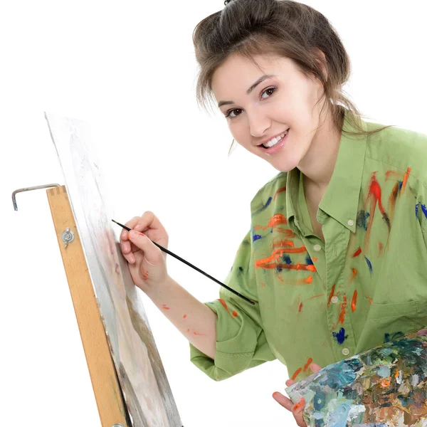 Attractive Teen Girl Painter Drawing Portrait Oil Paints Professional Painter — Stock Photo, Image