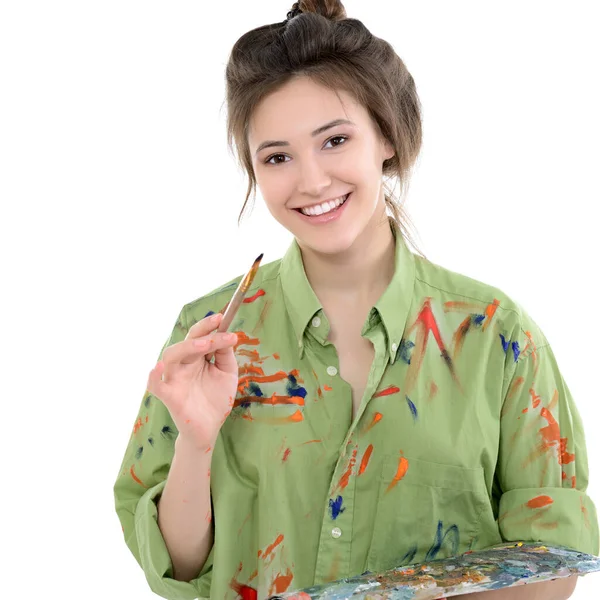 Yağlı Boyalı Fırça Palet Tutan Kız Ressam Mutlu Bir Gülümseme — Stok fotoğraf