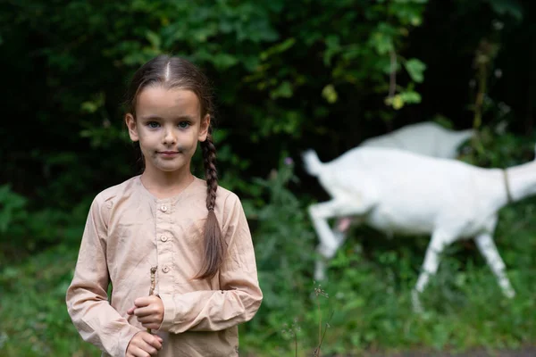 Een Kleine Geitenhoeder Het Bos Schattig Meisje Met Mooie Maar — Stockfoto