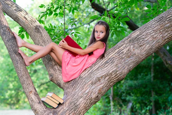 Urocza Dziewczynka Długimi Brązowymi Włosami Czyta Książkę Świeżym Powietrzu Siedząc — Zdjęcie stockowe