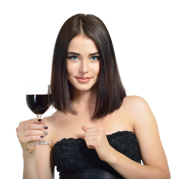 Jovem Mulher Atraente Segurando Copo Vinho Tinto Linda Senhora Bebe — Fotografia de Stock