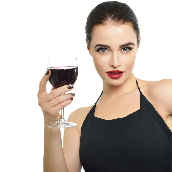 Jovem Mulher Atraente Segurando Copo Vinho Tinto Linda Senhora Bebe — Fotografia de Stock