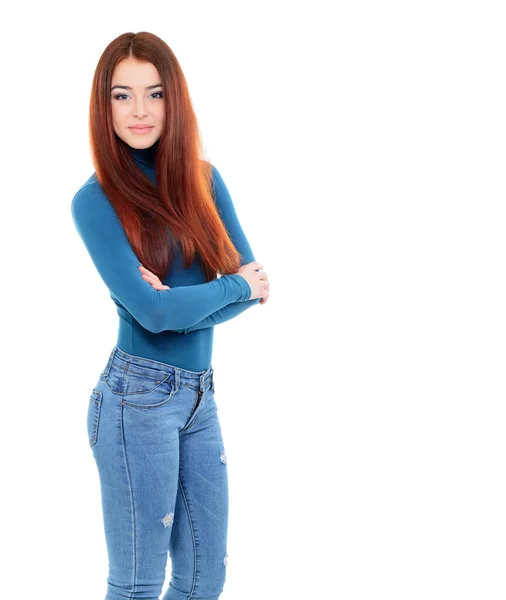 Mooi Meisje Portret Met Lang Rood Haar Blauwe Trui Witte — Stockfoto