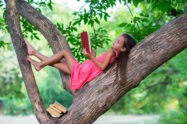 Affascinante Bambina Con Lunghi Capelli Castani Legge Libro All Aperto — Foto Stock