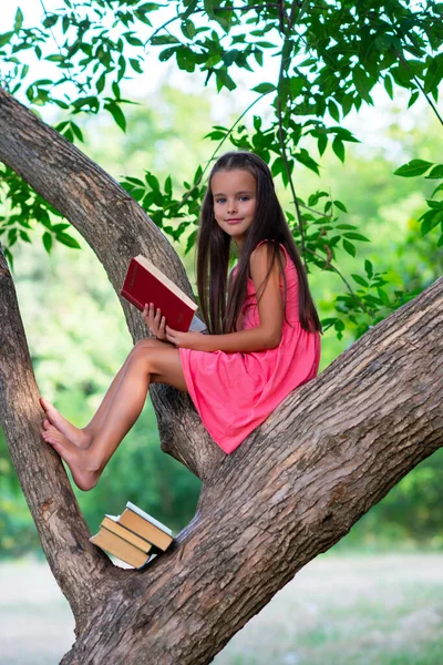 Affascinante Bambina Con Lunghi Capelli Castani Legge Libro All Aperto — Foto Stock