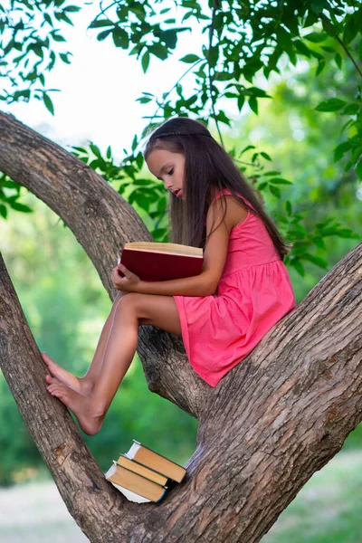Okouzlující Holčička Dlouhými Hnědými Vlasy Čte Knihu Venkovní Posezení Stromě — Stock fotografie