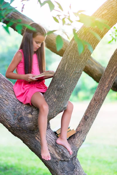 Affascinante Bambina Con Lunghi Capelli Castani Legge Libro All Aperto — Foto Stock