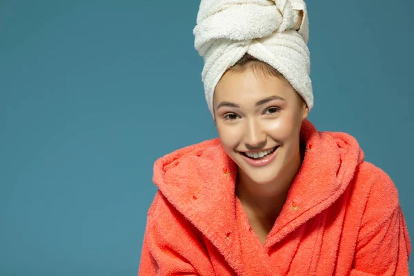 Cheerful Attractive Funny Teen Girl Morning Bathrobe Towel Her Head — Stock Photo, Image
