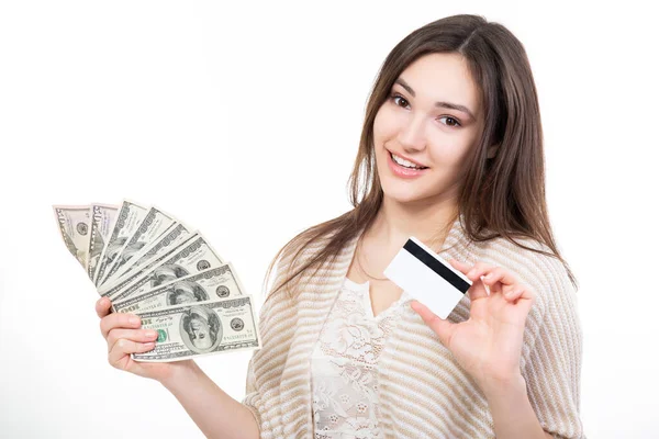 Alegre Feliz Sonriente Atractiva Joven Mujer Sosteniendo Efectivo Tarjeta Plástico —  Fotos de Stock