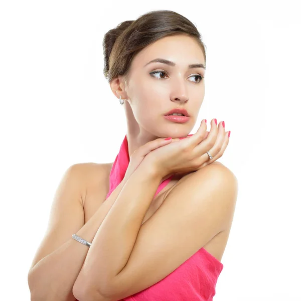 Retrato Belleza Joven Mujer Alegre Atractiva Fresca Vestido Rosa Sobre — Foto de Stock