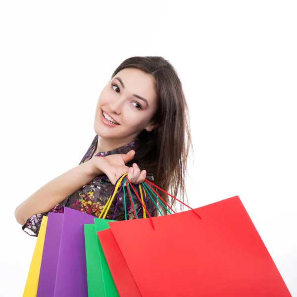 Mooi Gelukkig Meisje Shopaholic Met Gekleurde Boodschappentassen Wit Seizoensgebonden Verkoop — Stockfoto