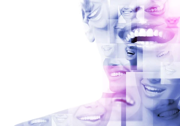 Doppelte Belichtung Von Lachenden Menschen Mit Großen Zähnen Und Lächelnden — Stockfoto