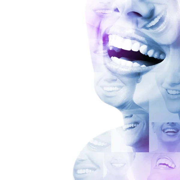 Dubbel Exponering Skrattande Människor Med Stora Tänder Och Leende Ansikten — Stockfoto
