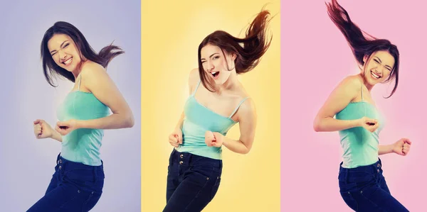 Collage Girl Happy Ecstatic Gesturing Happiness Success Isolated Colored Backgrounds — Stock Photo, Image