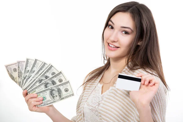 Cheerful Happy Smiling Attractive Young Woman Holding Cash Plastic Card Stock Image