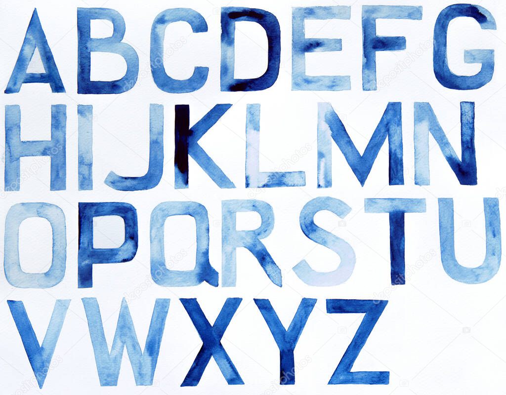 Watercolor alphabet. Latin ABC, hand drawn design element