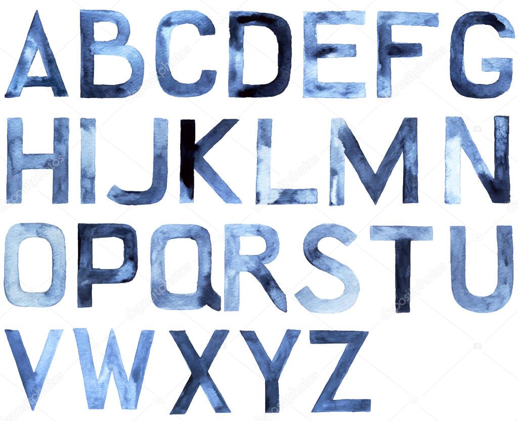 Watercolor alphabet. Latin ABC, hand drawn design element, vector illustration