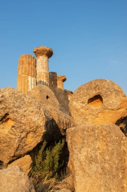 Tapınaklar Vadisi (Valle dei Templi), MÖ 5. yüzyılda inşa edilen antik bir Yunan tapınağı, Agrigento, Sicilya. İtalya 'nın ünlü turistik merkezi. Doric tarikatının mermer sütunları. Seyahat hedefi