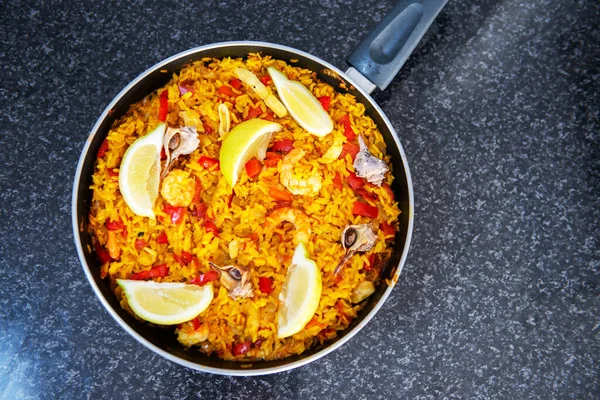 Seafood Paella Traditional Spanish Food Pan Full Rice Cooked Vegetables — Stock Photo, Image