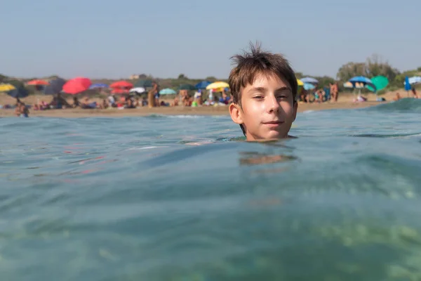 Cheerful Handsome Teen Boy Swiming Turquoise Blue Sea Water Water — Stock Photo, Image