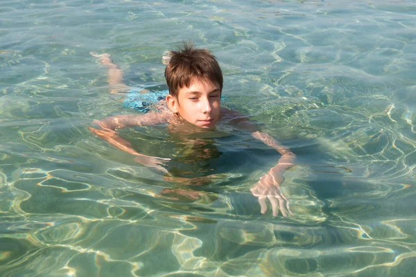 Cheerful Handsome Teen Boy Swiming Turquoise Blue Sea Water Water — Stock Photo, Image