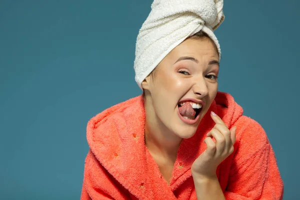 Cheerful Attractive Funny Teen Girl Clean Her Teeth Morning Blue — Stock Photo, Image