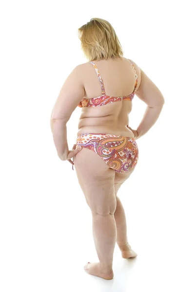 胖女人穿泳衣 全长肖像 后视镜 生长瘦小 久坐不动的生活 均衡的营养 暴饮暴食 蜂窝炎 超重观念问题 战胜超重 — 图库照片