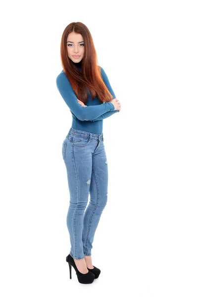 Pełna Długość Portret Pięknej Dziewczyny Długimi Rude Włosy Noszenie Niebieski — Zdjęcie stockowe