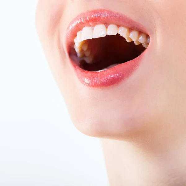 Laughing Woman Female Mouth Great Teeth White Background Healthy Beautiful — Stock Photo, Image