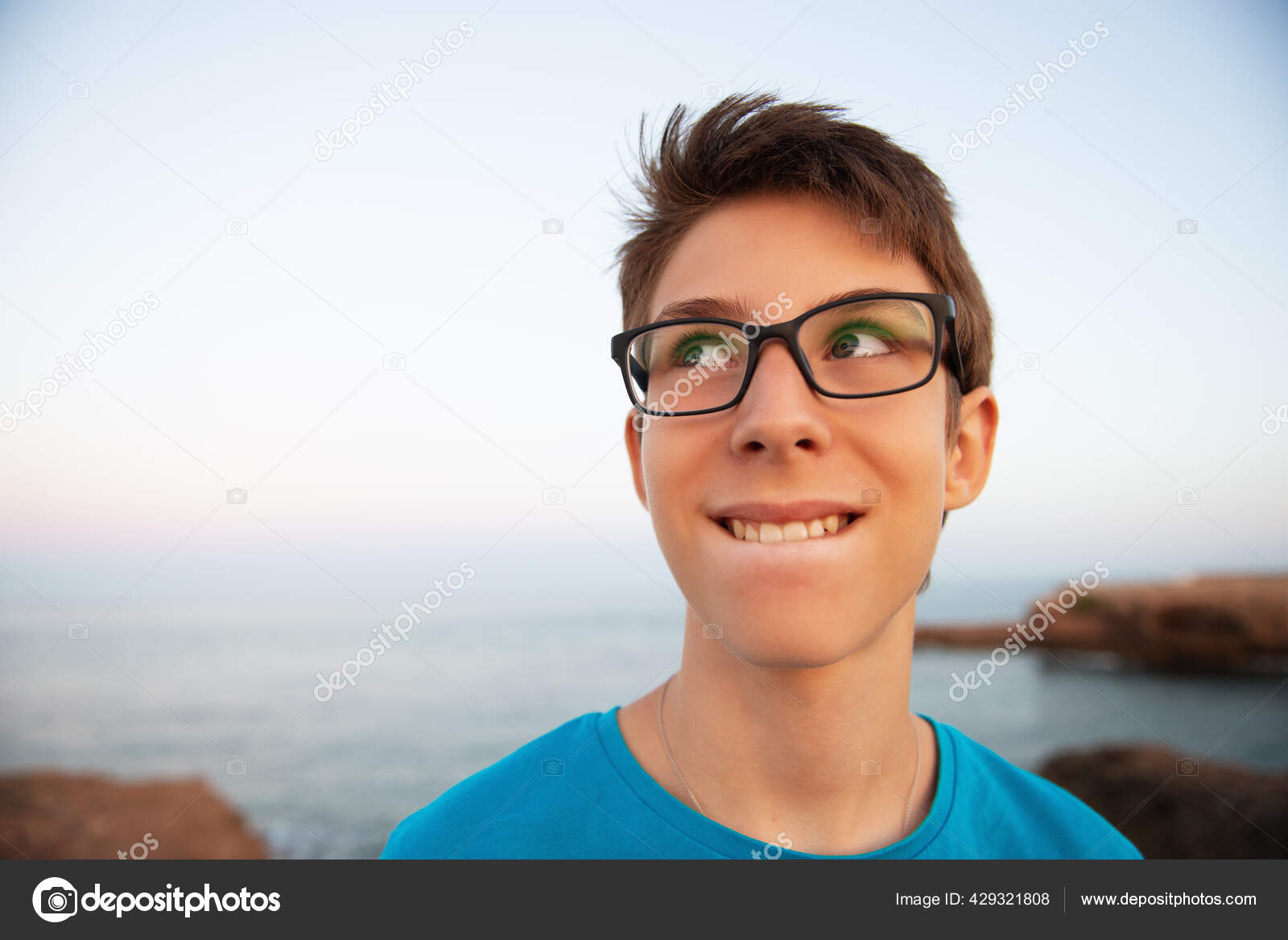 Funny Young Boy Sly Expression His Face Thinks Something Looking Stock
