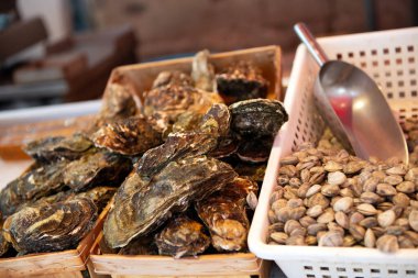Sicilya 'da açık hava pazarında taze istiridye ve kabuk satışı var. Restoran lezzeti. Tuzlu su istiridyeleri.
