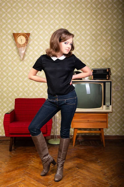 Portrait Young Smiling Ecstatic Woman Looking Camera Happy Smiling Room — Stock Photo, Image