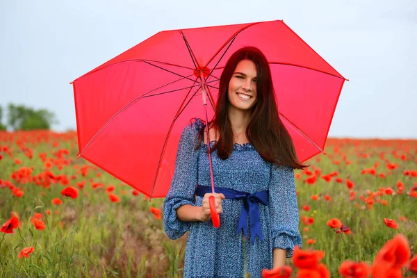들판에 우산을 파란색 드레스를 아름다운 매력적 소녀가 자연의 야외에서 다닌다 — 스톡 사진