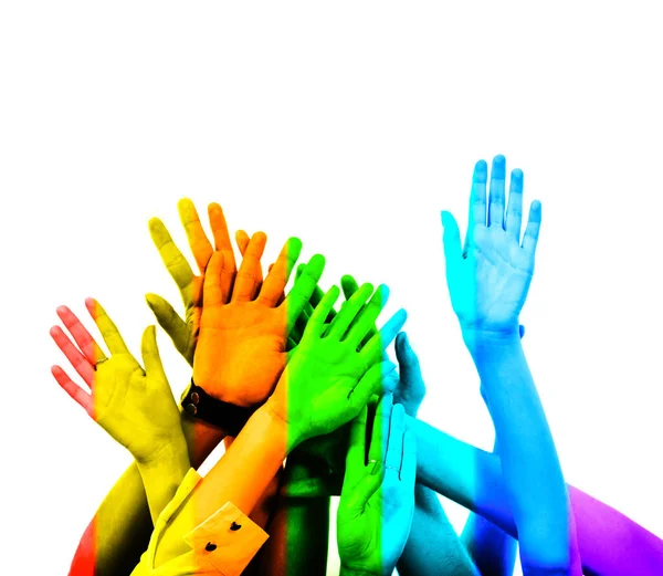 Collage Rainbow Flag Human Hands Isolated White Background Male Female — Stockfoto