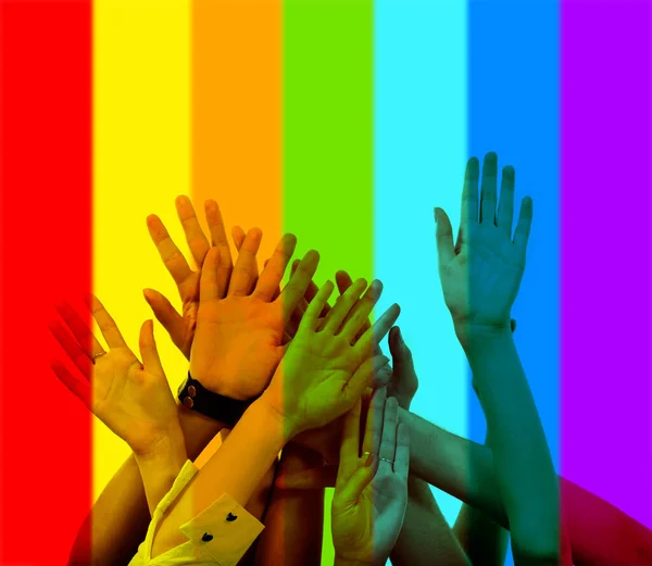 Collage Rainbow Flag Human Hands Isolated White Background Male Female — Stockfoto