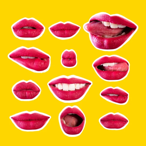 一组具有不同情感的迷人美丽的女性嘴唇 感情用事的女人嘴的姿势 在杂志风格的拼贴下鲜明的黄色背景 孤零零的女孩的笑容 — 图库照片