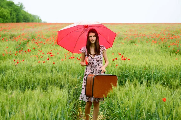 Gelincik Tarlasında Eski Model Bavuluyla Yürüyen Güzel Bir Kadın Çekici — Stok fotoğraf