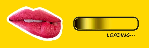 Collage Magazin Stil Aus Verführerisch Schönen Weiblichen Lippen Mit Ladezeichen — Stockfoto